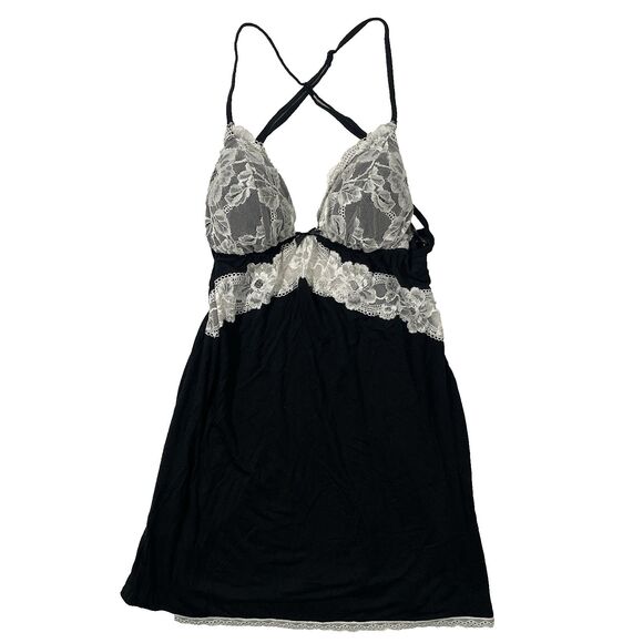 Victoria’s Secret Women’s Size M Black White Lace Cupped Slip Dress Cross Back - Picture 1 of 6